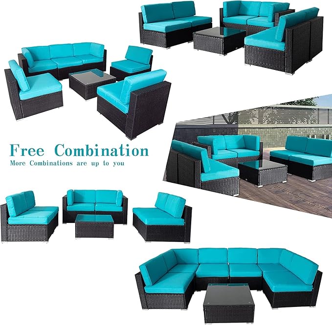 ClawsCover 14Pack Outdoor Patio Seat and Back Cushions Replacement Covers Fit for 7Pieces 6-Seater Wicker Rattan Sectional Couch Chair Furniture Set,Turquoise-Include Cover Only (Large)