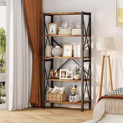 5-Tier Bookshelf,Wood Bookcase,Book Shelf with Steel Frame, Storage Rack with Open Shelves, Rustic Standing Bookshelves Ladder Shelf 110lbs/shelf for Bedroom,Living Room and Home Office