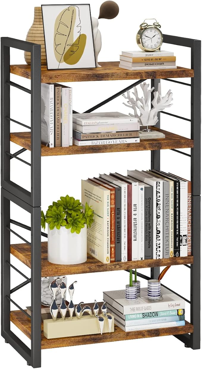 Bookshelf, 4 Tier Stackable Bookcase, Adjustable Industrial Book Shelf Storage Organizer for Desktop, Living Room, Bedroom, Office(Rustic Black and Brown)