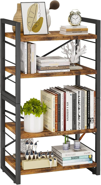Bookshelf, 4 Tier Stackable Bookcase, Adjustable Industrial Book Shelf Storage Organizer for Desktop, Living Room, Bedroom, Office(Rustic Black and Brown)