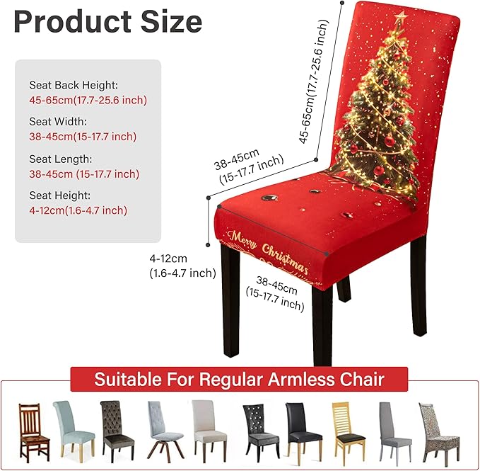 6PCS Christmas Dining Chair Covers Stretch Removable Washable Dining Room Chair Protector Slipcover 3D Print Xmas Tree Bow Tie Kitchen Chair Cover Slipcovers for Xmas Holiday Party Home Décor