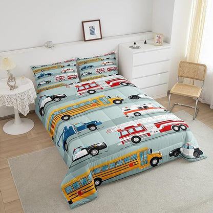 Erosebridal Fire Truck Comforter Set,Police Car Down Comforter Twin Size,School Bus Bedding Set for Kids Boys Teens Youth,Equipped Truck Cartoon Vehicle Quilt Duvet Insert Bedroom Dorm Decor 2 Pcs
