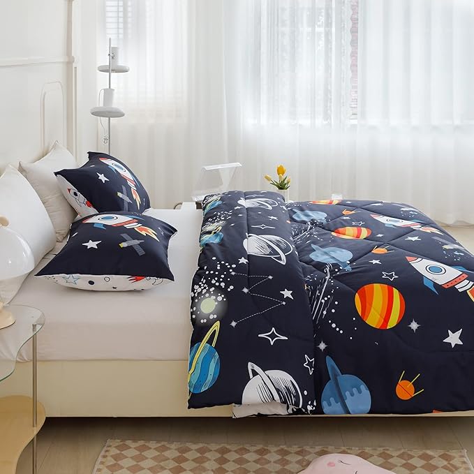 RYNGHIPY Kids Comforter Set Queen Size, Cute Space Rocket Bedding Set for Boys Girls, Space Themed Teen Boy Bedding (Space Rocket,Queen)