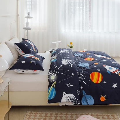 RYNGHIPY Kids Comforter Set Queen Size, Cute Space Rocket Bedding Set for Boys Girls, Space Themed Teen Boy Bedding (Space Rocket,Queen)