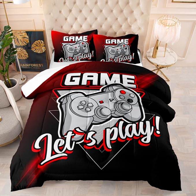 Gamer Bedding Sets for Boys Queen Size Gaming Comforter Sets for Kids Teens Ultra Soft Microfiber Material Duvet Video Game Bedding Sets Comforter and Pillowcase