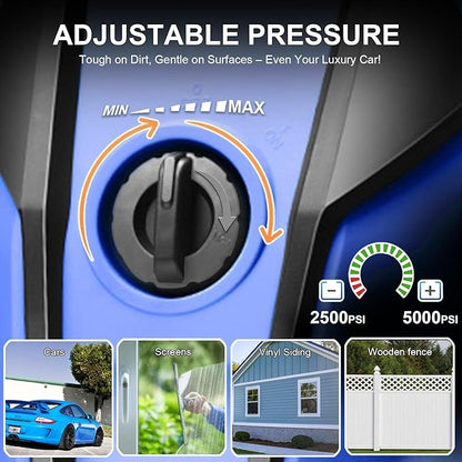 Pressure Cleaner Adjustable 5000PSI 4.0 GPM High Power Cleaners with 33ft Hose Reel, 4 Nozzle and Foam Cannon, Power Cleaners Machine for Home, Cars, Patio (Light Blue)