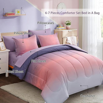 Dinjoy Girls Comforter Set Queen Size Colorful Rainbow Ombre Pink Purple Light Blue Bedding Set Gradient 7 Pieces Bed in A Bag for Kids Teen Women(1 Comforter, 1 Flat Sheet, 1 Fitted Sheet)