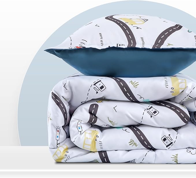 SLEEP ZONE Kids Bedding Twin Comforter Set - Cute Printed for Boys, Girls, Teens, Super Soft, Fade Resistant, Car Road, Twin