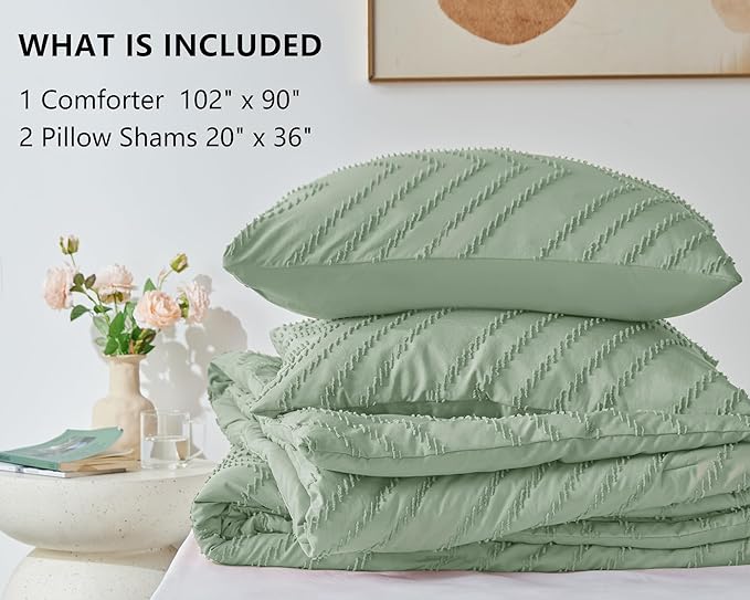 CozyLux King Size Comforter Set Sage Green - 3 Pieces Boho Tufted Shabby Chic Bedding Comforter Set for All Seasons, Chevron Bedding Sets with Comforter & 2 Pillow Shams