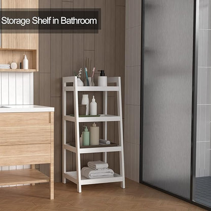 4 Tier Bamboo Bookshelf, Free Standing Ladder Shelf, Storage Shelf Rack for Bathroom, Kitchen, Living Room - White