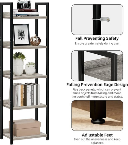 NUMENN Narrow Bookshelf, 5 Tier Bookshelves, Home Office Bookcase Shelf Storage Organizer, Free Standing Storage Shelving Unit for Bedroom, Living Room and Home Office, Grey