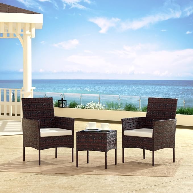 Patio Furniture Set 3 Pieces All-Weather Rattan Outdoor Furniture Patio Chairs with Tempered Glass Table for Porch Bistro Balcony Bistro Set(Brown/Beige-2)