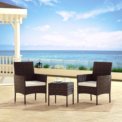 Patio Furniture Set 3 Pieces All-Weather Rattan Outdoor Furniture Patio Chairs with Tempered Glass Table for Porch Bistro Balcony Bistro Set(Brown/Beige-2)
