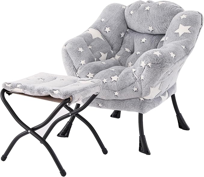 Welnow Toddler Kids Lazy Chair with Ottoman, Glow in The Dark Accent Comfy Lounge Children Armchair Couch with Removable Cover, Detachable Reading Chair with Footrest for Boy or Girl, Grey Star