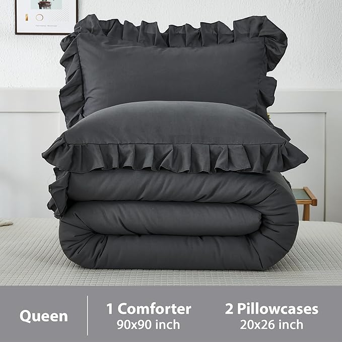 Andency Queen Comforter Set Dark Gray, 3 Pieces Boho Lightweight Summer Solid Bedding Comforters & Sets, Double Women Men Grey Ruffle Farmhouse Bed Set (90x90In Comforter & 2 Pillowcases)