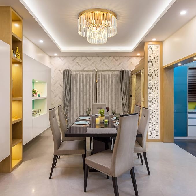 17" 9 Light Gold Crystal Ceiling Light for Dining Room | K9 Crystal, 2 Tier, E12 Base, Adjustable Color Temperature, Flush Mount, for Kitchen Island Living Room Bedroom Entryway