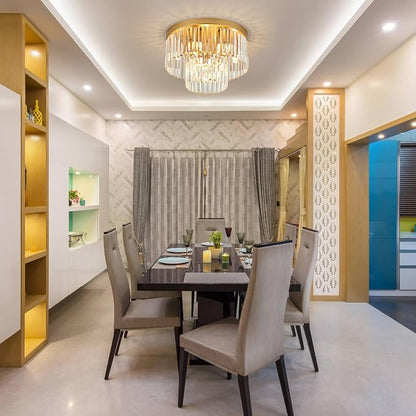 17" 9 Light Gold Crystal Ceiling Light for Dining Room | K9 Crystal, 2 Tier, E12 Base, Adjustable Color Temperature, Flush Mount, for Kitchen Island Living Room Bedroom Entryway
