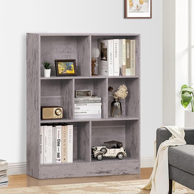 LEYAOYAO 7 Cube Bookshelf with Base,3 Tier Mid-Century Modern Grey Bookcase,Standing Wide Bookshelves Storage Organizer Shelf,Rustic Wood Display Cabinet Book Shelves for Bedroom,Living Room,Office