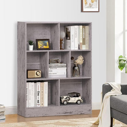 LEYAOYAO 7 Cube Bookshelf with Base,3 Tier Mid-Century Modern Grey Bookcase,Standing Wide Bookshelves Storage Organizer Shelf,Rustic Wood Display Cabinet Book Shelves for Bedroom,Living Room,Office
