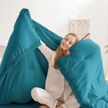 Andency Turquoise Comforter Set Queen, 3 Pieces Boho Teal Tassel Lightweight Bedding Comforter Sets, All Season Teal Blue Soft Fluffy Fringe Bed Set (90x90In Comforter & 2 Pillowcases)