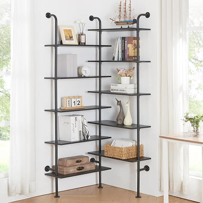 HOMBAZAAR Bookshelf,10-Tier L Shaped, Industrial Double Wide Wall Mount, Modern Bookcase with Metal Frame and Wood, Industrial Corner Pipe Shelf for Living Room and Office, Black