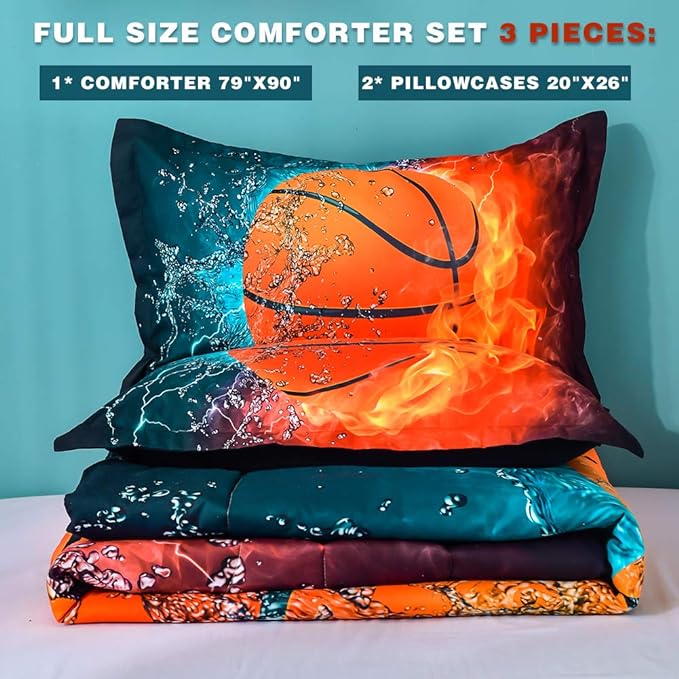 Andency Basketball Comforter Full (79x90 Inch), 3 Pieces(1 Basketball Comforter, 2 Pillowcases) Sport Microfiber Basketball Comforter Set Bedding Set for Kids Boys Girls Teens