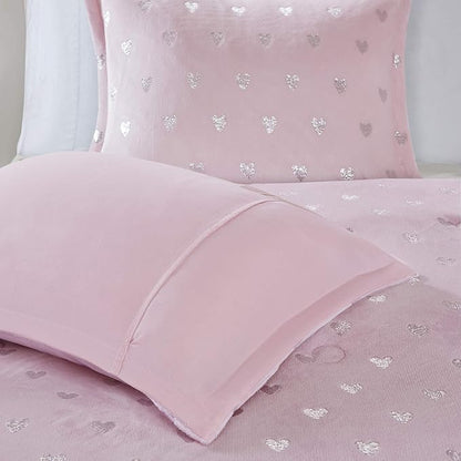Mi Zone Rosalie Comforter Set for Girls, Ultra-Soft Microlight Plush Metallic Printed Hearts Brushed Reverse Overfilled Down Alternative Hypoallergenic All Season, Twin/Twin XL, Pink/Silver, 3 Piece