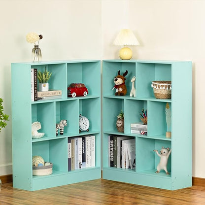 LEYAOYAO 7 Cube Bookshelf with Base,3 Tier Modern Mint-Green Kids Bookcase,Standing Wide Bookshelves Storage Organizer Toy Shelf,Wood Display Children's Book Shelves for Bedroom,Living Room,Nursery