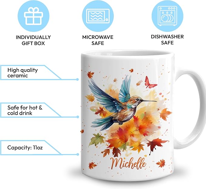 Hyturtle Personalized Fall Hummingbird Maple Leaves Coffee Mug | Birthday Gifts For Hummingbird Lovers - Fall Autumn Decor Gifts For Thanksgiving - Custom Name 11oz White Ceramic Tea Mug