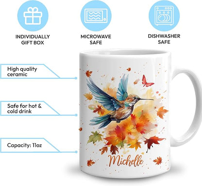 Hyturtle Personalized Fall Hummingbird Maple Leaves Coffee Mug | Birthday Gifts For Hummingbird Lovers - Fall Autumn Decor Gifts For Thanksgiving - Custom Name 11oz White Ceramic Tea Mug