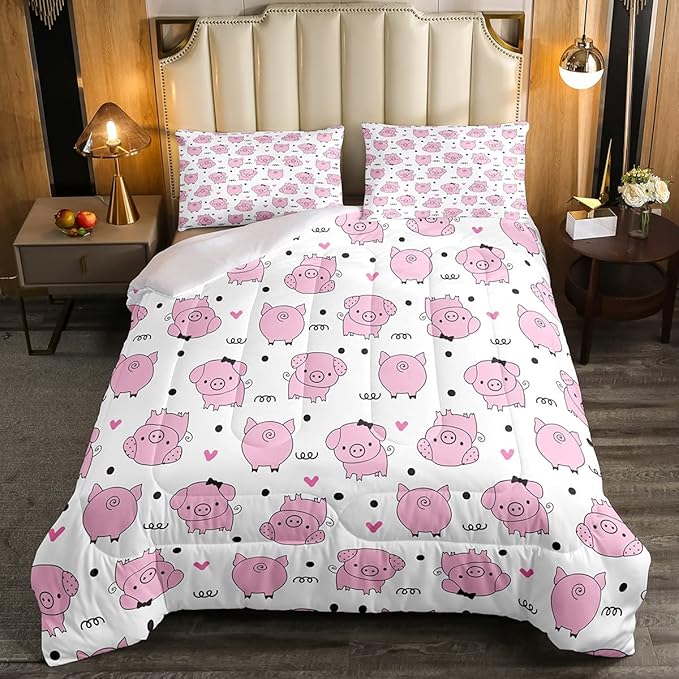 Erosebridal Pink Pig Comforter Set for Girls Kawaii Room Decor Full,Cute Pigs Bedding Set for Kids Boys Children Farm Animal Quilted Duvet Sets Cartoom Style Soft Lightweight Down Comforter 3 Pcs