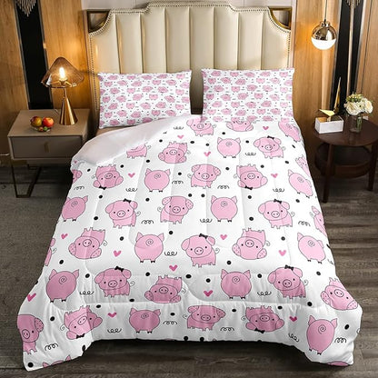 Erosebridal Pink Pig Comforter Set for Girls Kawaii Room Decor Queen,Cute Pigs Bedding Set for Kids Boys Children Farm Animal Quilted Duvet Sets Cartoom Style Soft Lightweight Down Comforter 3 Pcs