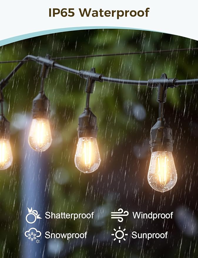 XMCOSY+ Outdoor String Lights, 98Ft Smart LED Patio Lights, WiFi Control, Compatible with Alexa, Waterproof Dimmable Edison String Lights for Outside, Porch