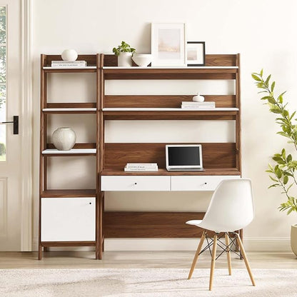 Modway Bixby 2-Piece Home Office Desk and Bookshelf Display Case in Walnut White