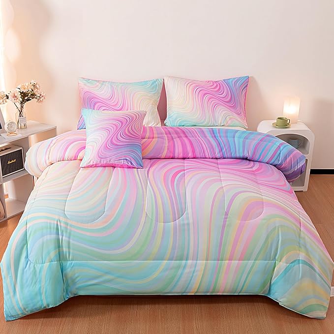 4 Pcs Pink Full Comforter Set for Girls, Tie Dye Superior Kids Teen Bedding Sets, Blue Pink Rainbow Full Size Bedding Set for Girls