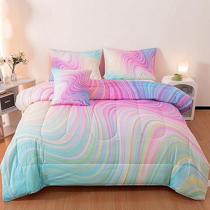 4 Pcs Pink Full Comforter Set for Girls, Tie Dye Superior Kids Teen Bedding Sets, Blue Pink Rainbow Full Size Bedding Set for Girls