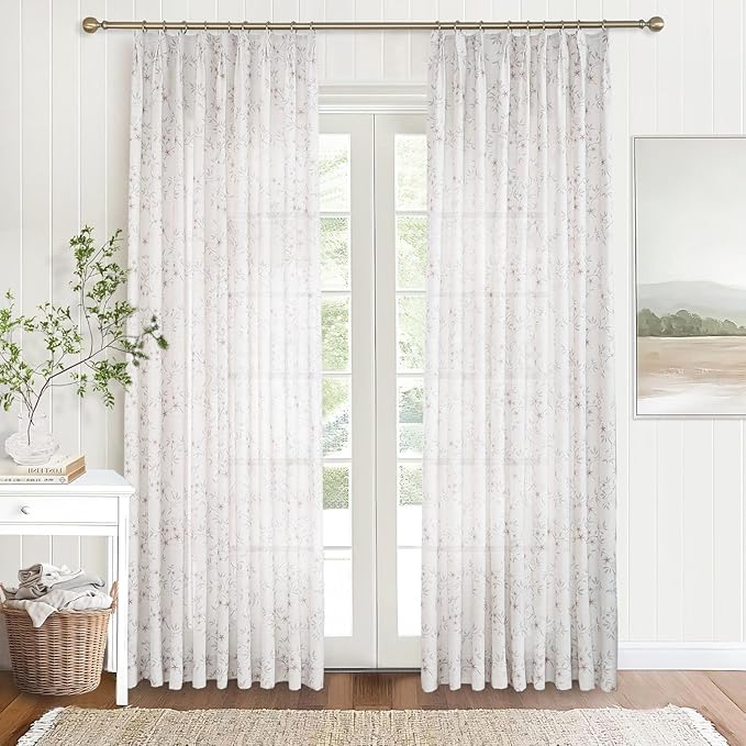 Pink Floral Pinch Pleated Linen Curtains - 2 Panels of Privacy Light-Filtering Printed Curtains Suitable for Dining Rooms and Farmhouses.60 Inches Wide by 100 Inches Long