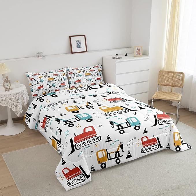 Boys Cartoon Car Comforter Set, Kids Construction Vehicles Comforter for Kids Children Cartoon Truck Bedding Set Cute Cars Teal Red Yellow Quilt Set Bedroom Collection 3Pcs Full Size