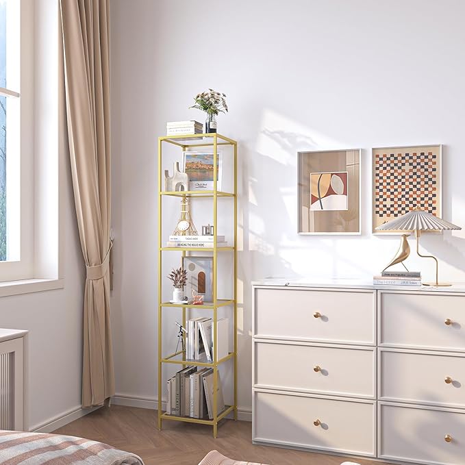 6-Tier Bookshelf,Metal Bookcase,Tempered Glass Shelves,Storage Rack Shelf for Home Office,Living Room,Bedroom, Bathroom,Modern Style,Golden
