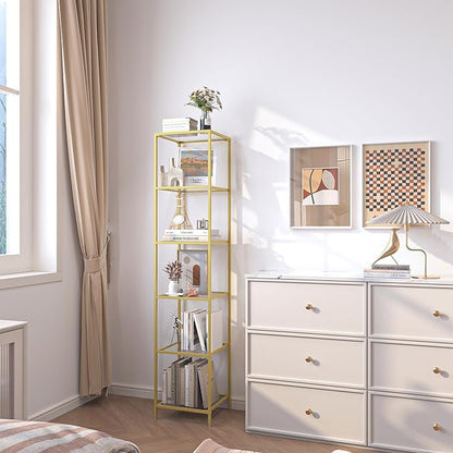 6-Tier Bookshelf,Metal Bookcase,Tempered Glass Shelves,Storage Rack Shelf for Home Office,Living Room,Bedroom, Bathroom,Modern Style,Golden
