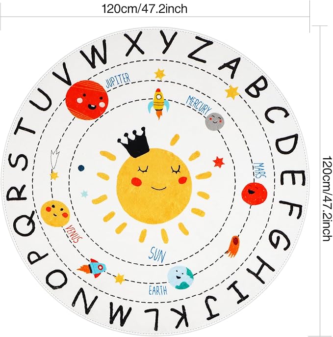 ABC Kids Rug,4 ft Washable Nursery Rug,Soft Plush Educational Circle Rug,Non-Slip Solar System Alphabet Rug for Classroom playroom Bedroom Kids Room Decor