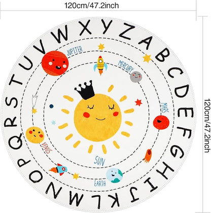ABC Kids Rug,4 ft Washable Nursery Rug,Soft Plush Educational Circle Rug,Non-Slip Solar System Alphabet Rug for Classroom playroom Bedroom Kids Room Decor