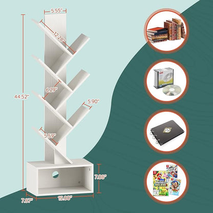 Yoobure Tree Bookshelf - 6 Shelf Retro Floor Standing Bookcase, Tall Wood Book Storage Rack for CDs/Movies/Books, Utility Book Organizer Shelves for Bedroom, Living Room, Home Office, White