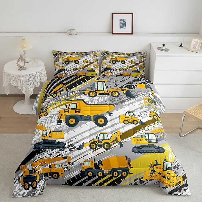 Boys Construction Comforter Set Truck Bedroom Decor for Kids Girls Under Construction Vehicles Down Comforter Toddler Child Cartoon Machinery Truck Excavator Bedding Tractor Cars Duvet Quilt,Queen