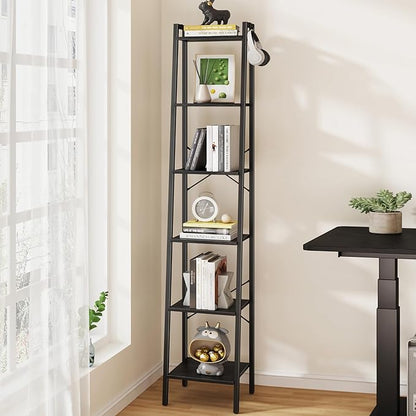 Ladder Shelf, Bookshelf Bookcase, Freestanding Corner Storage Shelve with 2 Hooks for Home Office, Living Room, Kitchen, Bedroom, Industrial, 6-Tier Black BC13304B