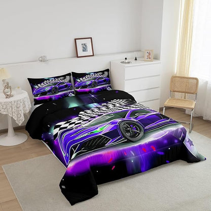 Purple Race Car Comforter Set Queen Size, Black White Lattice Bedding Set 2pcs for Kids Boys Teens Room Decor,Extreme Sport Games Quilt Set,Cool Modern Duvet Insert with 2 Pillowcases