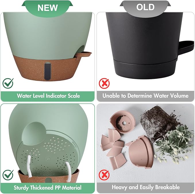 12/10/8 Inch Self Watering Pots for Indoor Plants Plastic Large Plant Pot for Outdoor Plants, Water Level Window & Spacious Reservoir Flower Pots Decorative Planter with Drainage and Tray (Green)