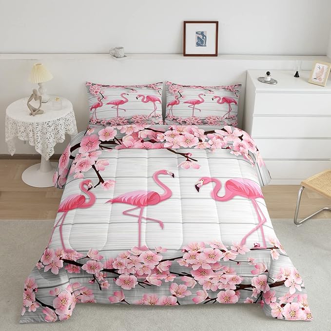 Erosebridal Flamingo Bedding Set King,Cherry Blossoms Comforter Set for Girls Boys Teens Women,Pink Tropical Bird Animal Comforter Flower Rustic Wooden Board Quilt Duvet Sets with 2 Pillow Cases