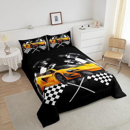 Yellow Race Car Comforter Set Queen Size, Black and White Grid Quilt Set Extreme Sport Games Bedding Comforters 3pcs for Kids Teens Boys Room Decor,Soft Modern Duvet Set with 2 Pillowcases