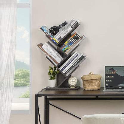 5 Tier Tree Book Shelf, Small Desktop Bookshelf with Storage Organizer, Wood Bookcase, Desk Display Bookshelves, Floor Standing Organizer Bookcases for Living Room,Bedroom,Office-Dark Grey